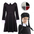Girls Midweek Horror Costume – Gothic Black Dress, Plait Wig & Face Paint Set for Halloween