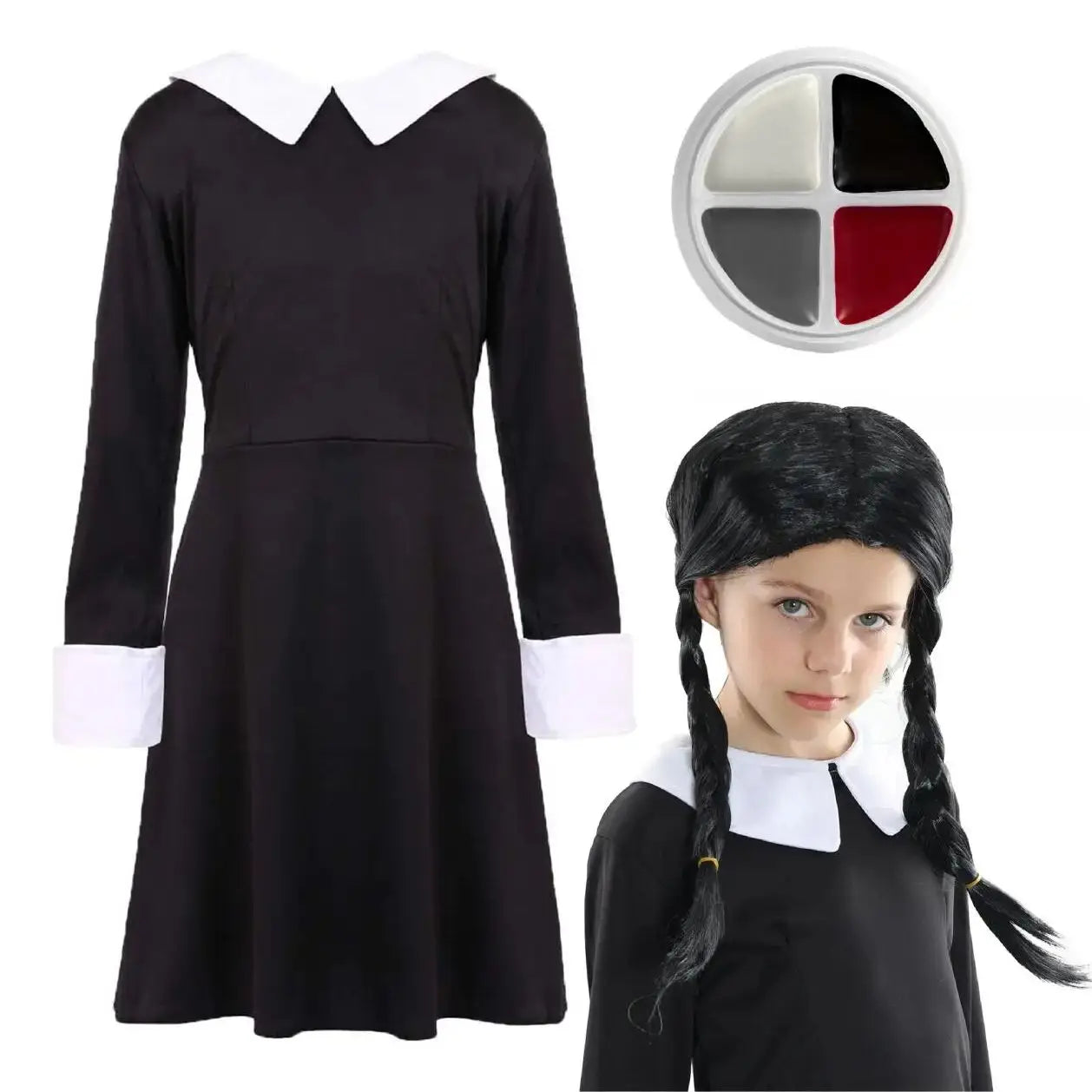 Girls Midweek Horror Costume – Gothic Black Dress, Plait Wig & Face Paint Set for Halloween