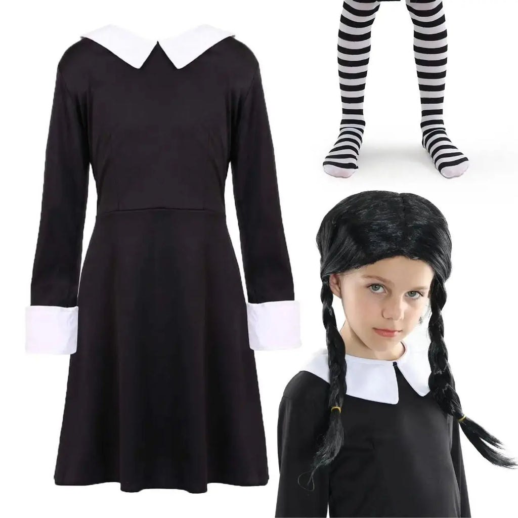 Girls Midweek Horror Costume – Gothic Black Dress, Striped Tights & Plait Wig for Halloween