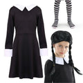 Girls Midweek Horror Costume – Gothic Black Dress, Striped Tights & Plait Wig for Halloween