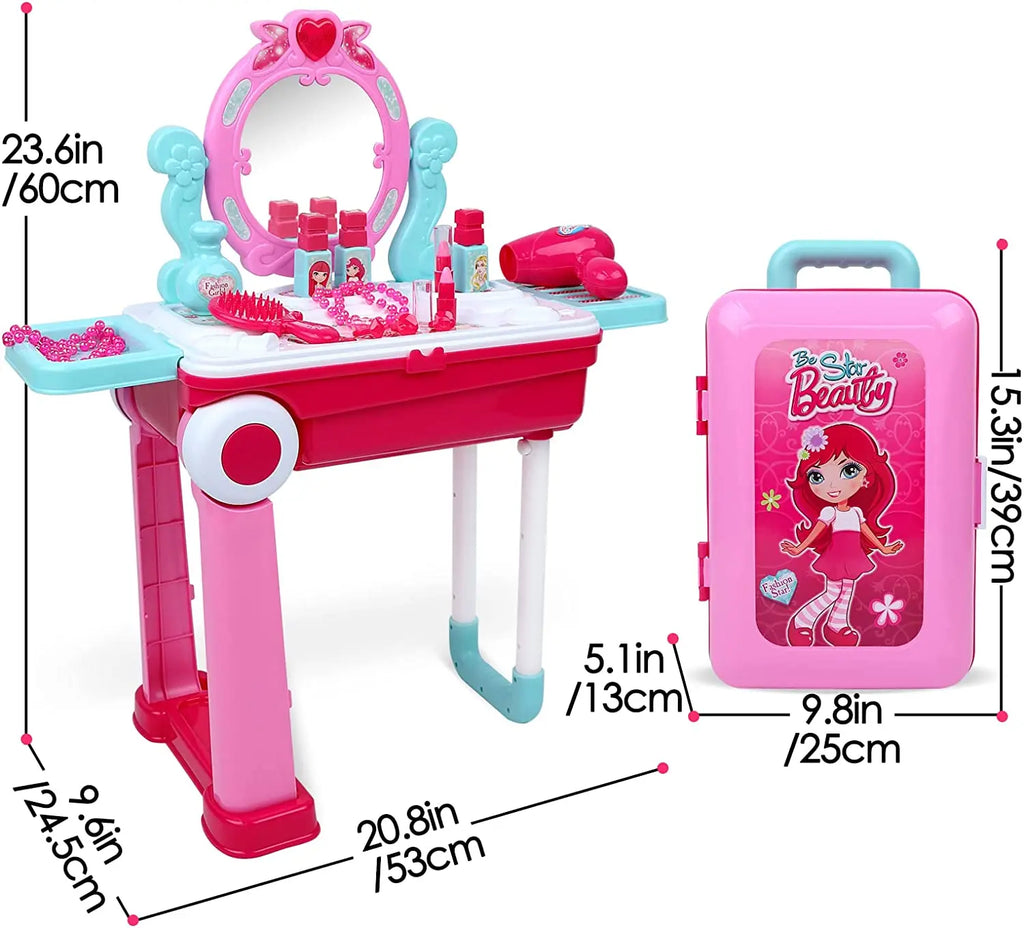 2-in-1 Portable Vanity Dressing Table and Convertible Suitcase Role Play Set Makeup Beauty Play Toys Great Birthday Christmas