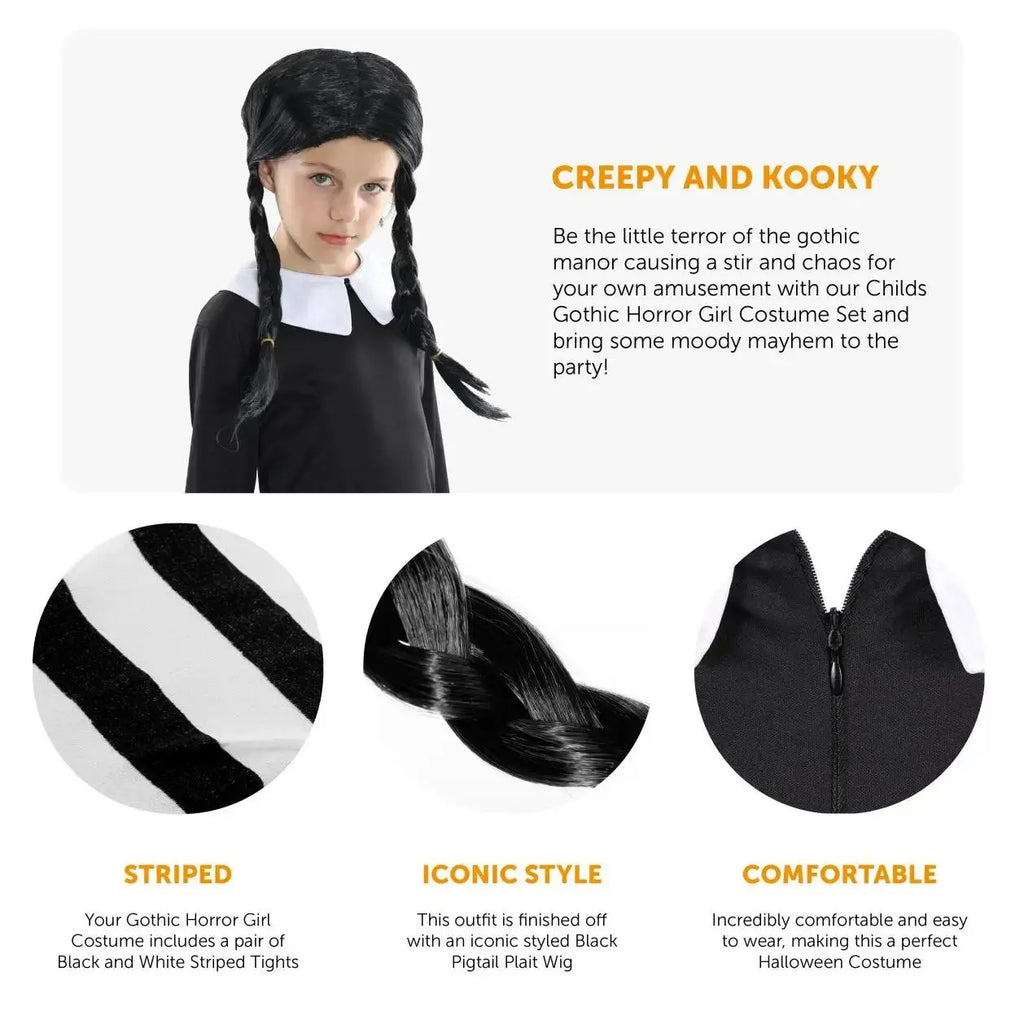 Girls Midweek Horror Costume – Gothic Black Dress, Striped Tights & Plait Wig for Halloween