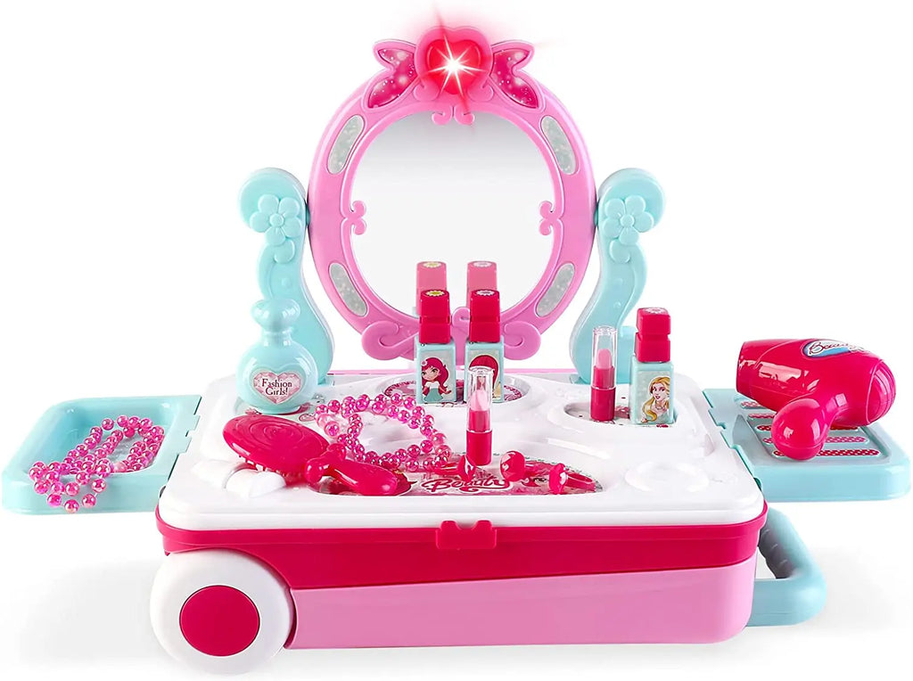 2-in-1 Portable Vanity Dressing Table and Convertible Suitcase Role Play Set Makeup Beauty Play Toys Great Birthday Christmas