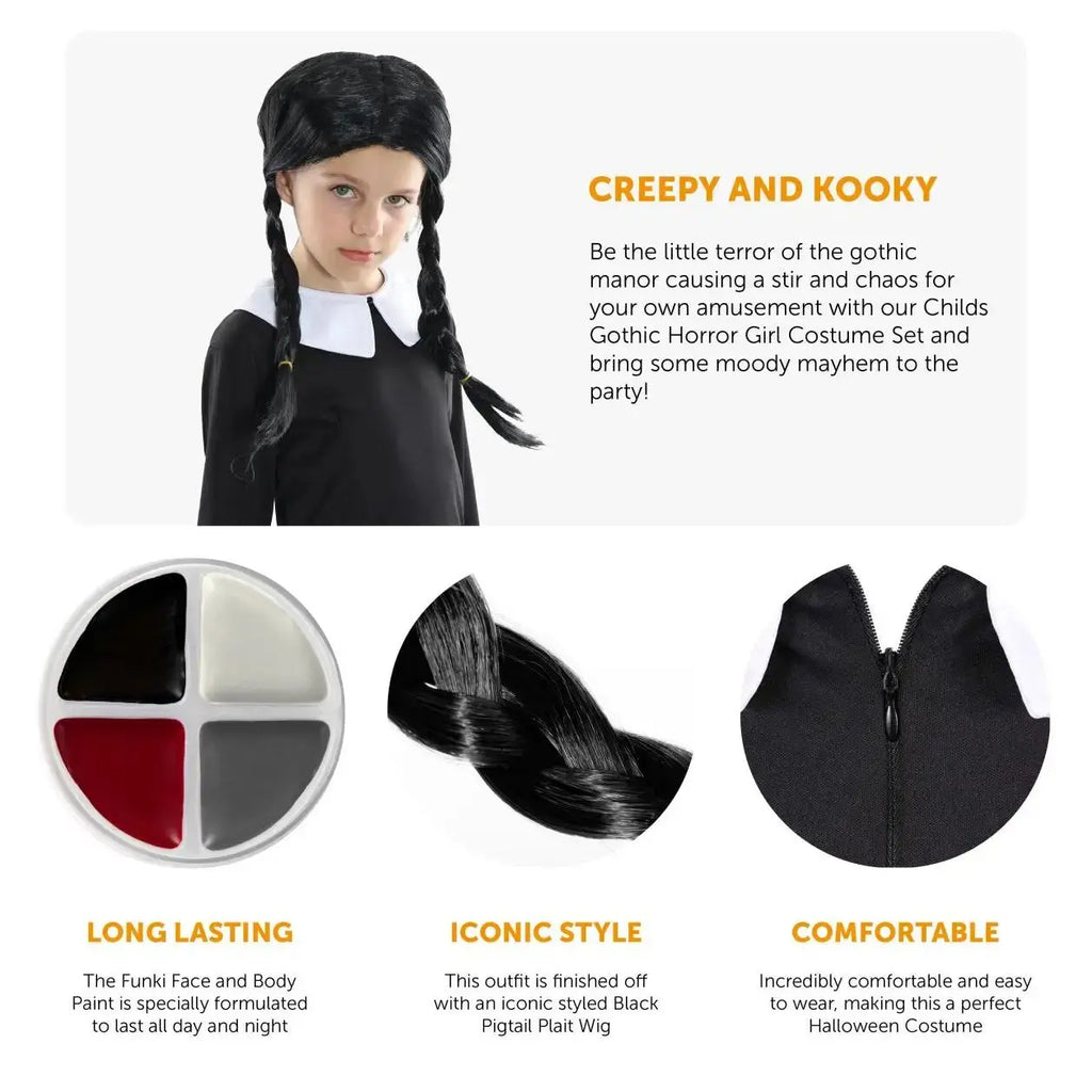 Girls Midweek Horror Costume – Gothic Black Dress, Plait Wig & Face Paint Set for Halloween