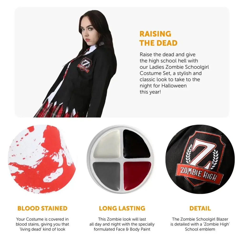 Ladies Zombie Schoolgirl Halloween Costume Set – Blood-Stained Blazer Shirt Skirt Tie Stockings & Face Paint