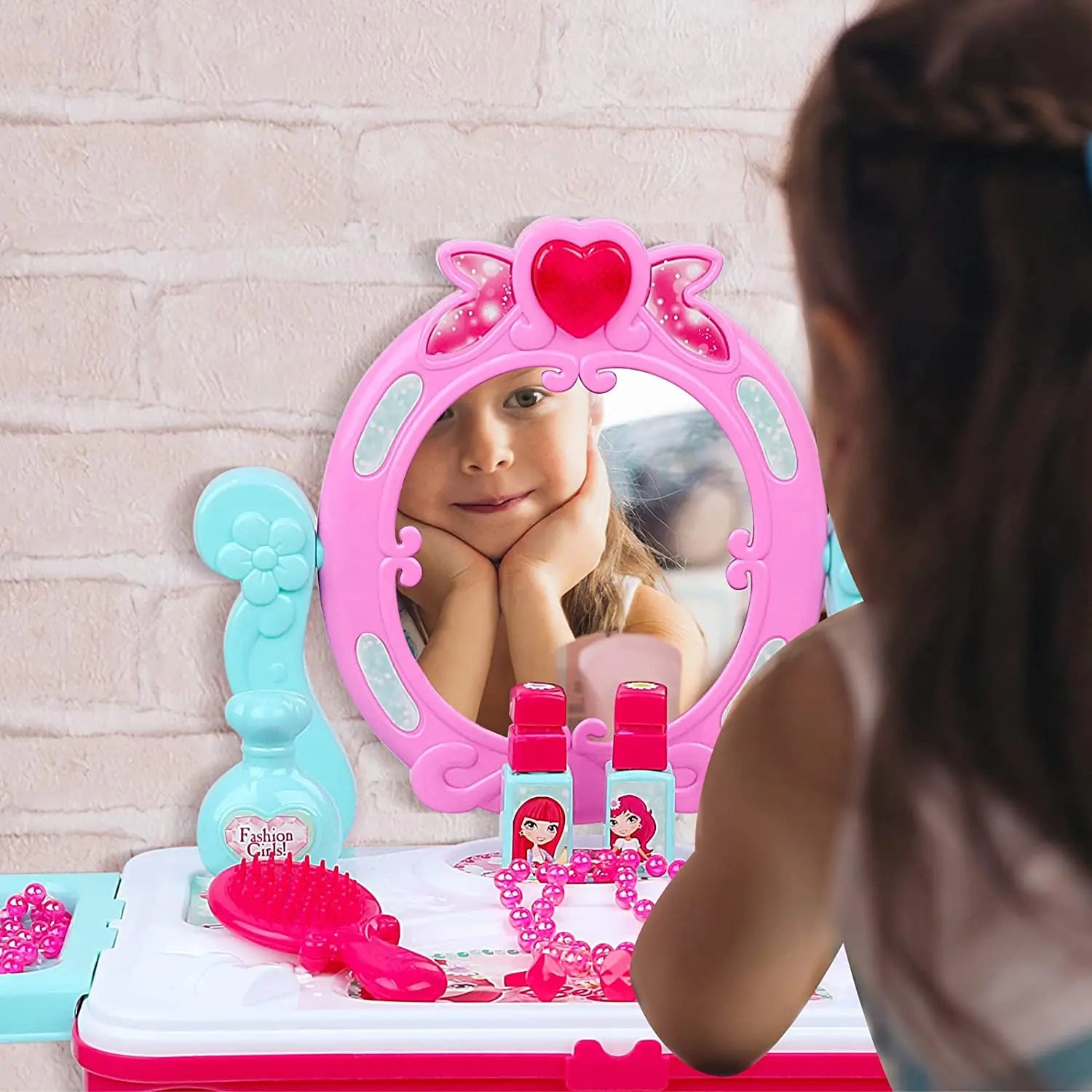 2-in-1 Portable Vanity Dressing Table and Convertible Suitcase Role Play Set Makeup Beauty Play Toys Great Birthday Christmas