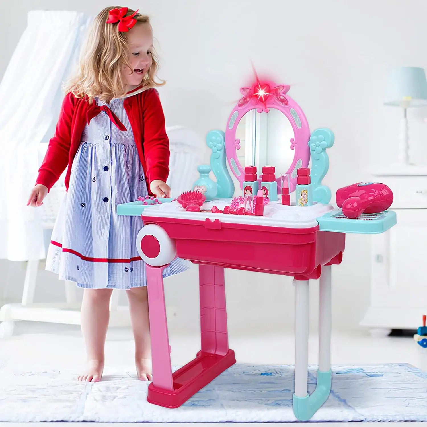2-in-1 Portable Vanity Dressing Table and Convertible Suitcase Role Play Set Makeup Beauty Play Toys Great Birthday Christmas