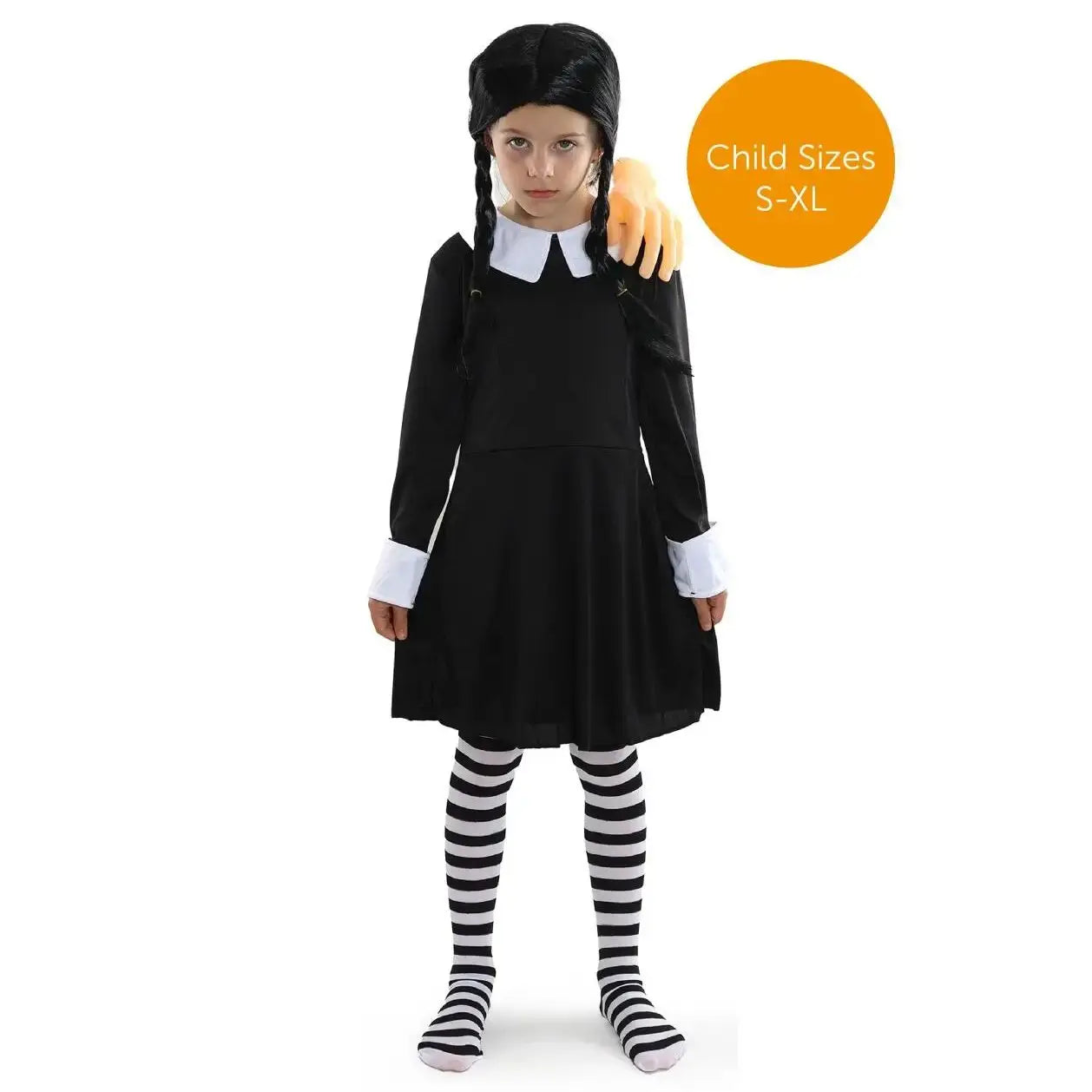 Girls Midweek Horror Costume – Gothic Black Dress, Striped Tights & Plait Wig for Halloween
