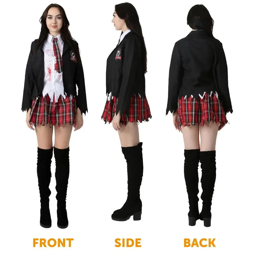 Ladies Zombie Schoolgirl Halloween Costume Set – Blood-Stained Blazer Shirt Skirt Tie Stockings & Face Paint