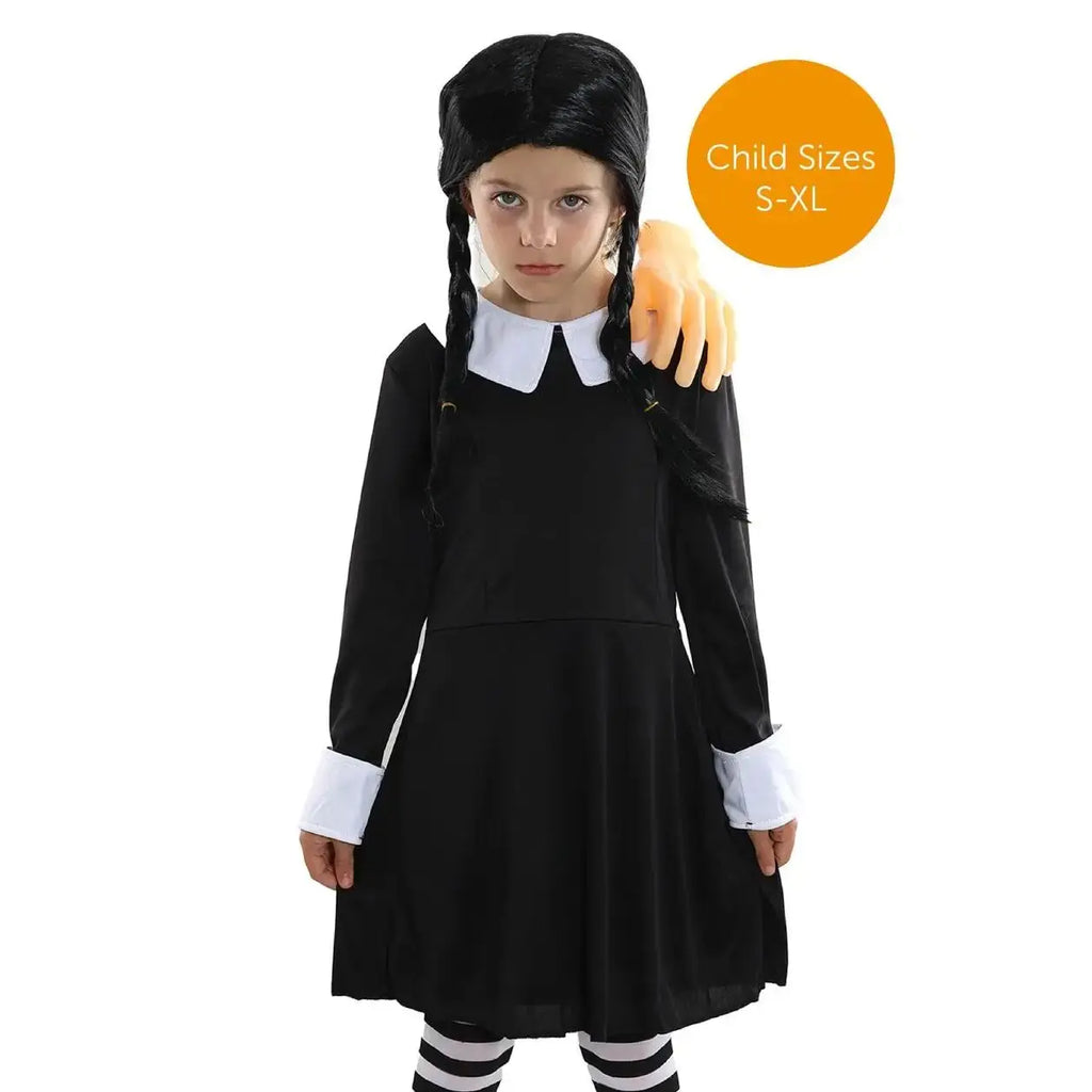 Girls Midweek Horror Costume – Gothic Black Dress, Plait Wig & Face Paint Set for Halloween