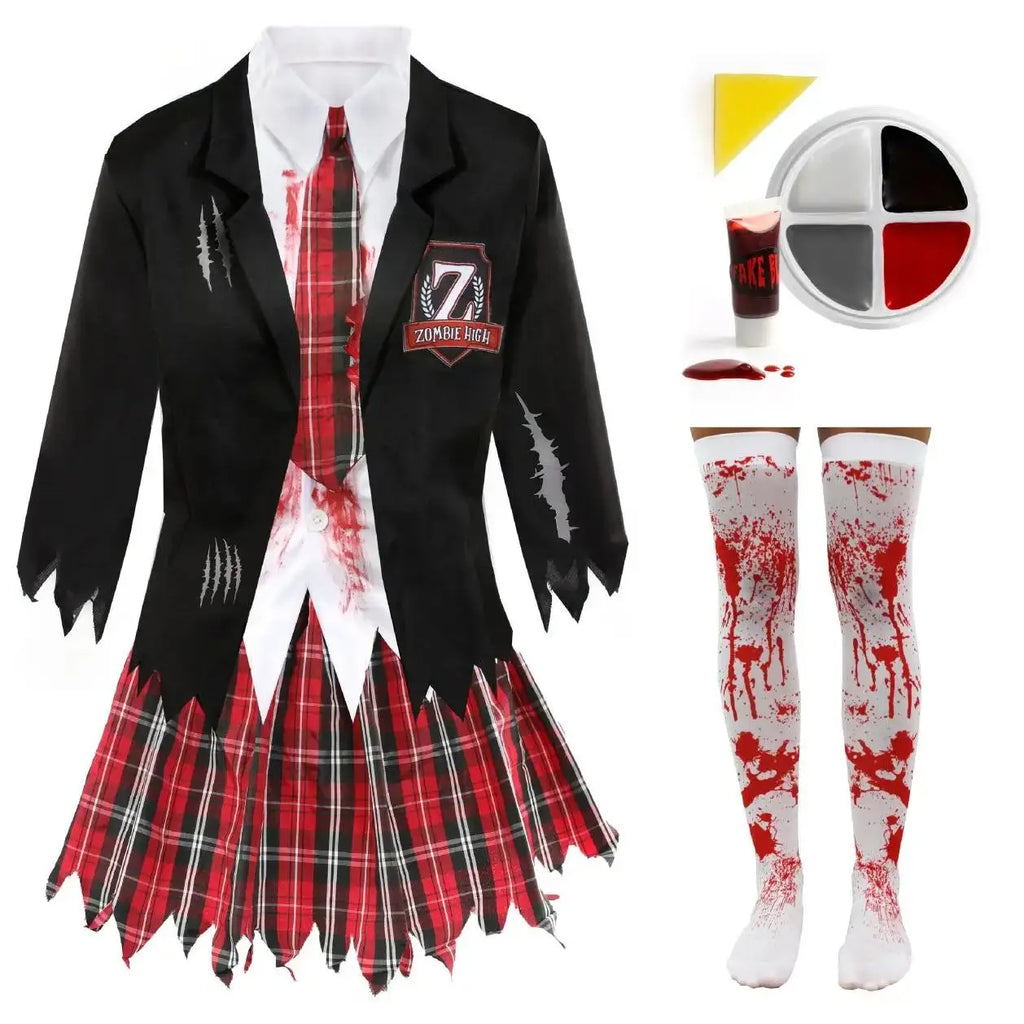 Ladies Zombie Schoolgirl Halloween Costume Set – Blood-Stained Blazer Shirt Skirt Tie Stockings & Face Paint