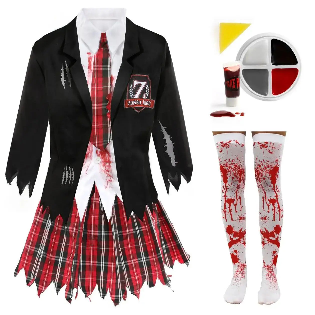 Ladies Zombie Schoolgirl Halloween Costume Set – Blood-Stained Blazer Shirt Skirt Tie Stockings & Face Paint
