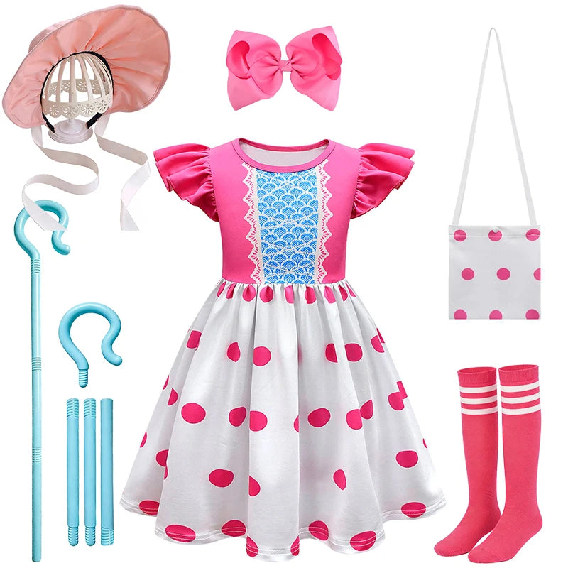 Fancy Little Girl Bo Peep Costume Pink Polka Dot Dress Halloween Cosplay Birthday Party Children's Costume Carnival Kids Clothes