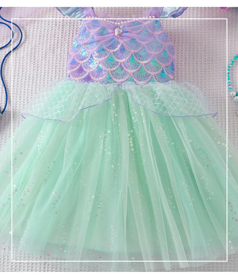 Sequin Performance Costume Girl Princess Dresses Sling Mesh Skirt Birthday Girl Dress Mermaid Themed Party Girl Clothes