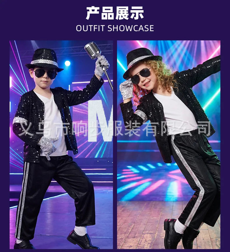 Kids Cosplay Dance Star Costume Set Metallic Shiny 80s 90s Stage Party Outfit Boy Girl Clothing Children Michael Jackson Costume