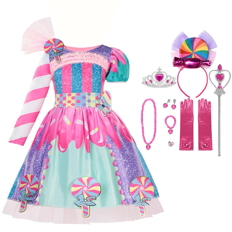 Girls Purim Festival Lollipop Costume Children's Puff Sleeve Candy Costume Kids Sweet Lollipop Print Birthday Party Dresses