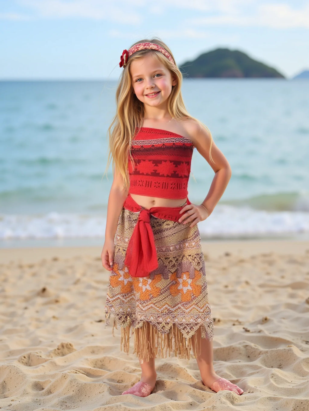 Girls Outfit Moana Cosplay Children's Costume Party Princess Dress Summer Casual Beach Dress Necklace Wig Set Party Dresses