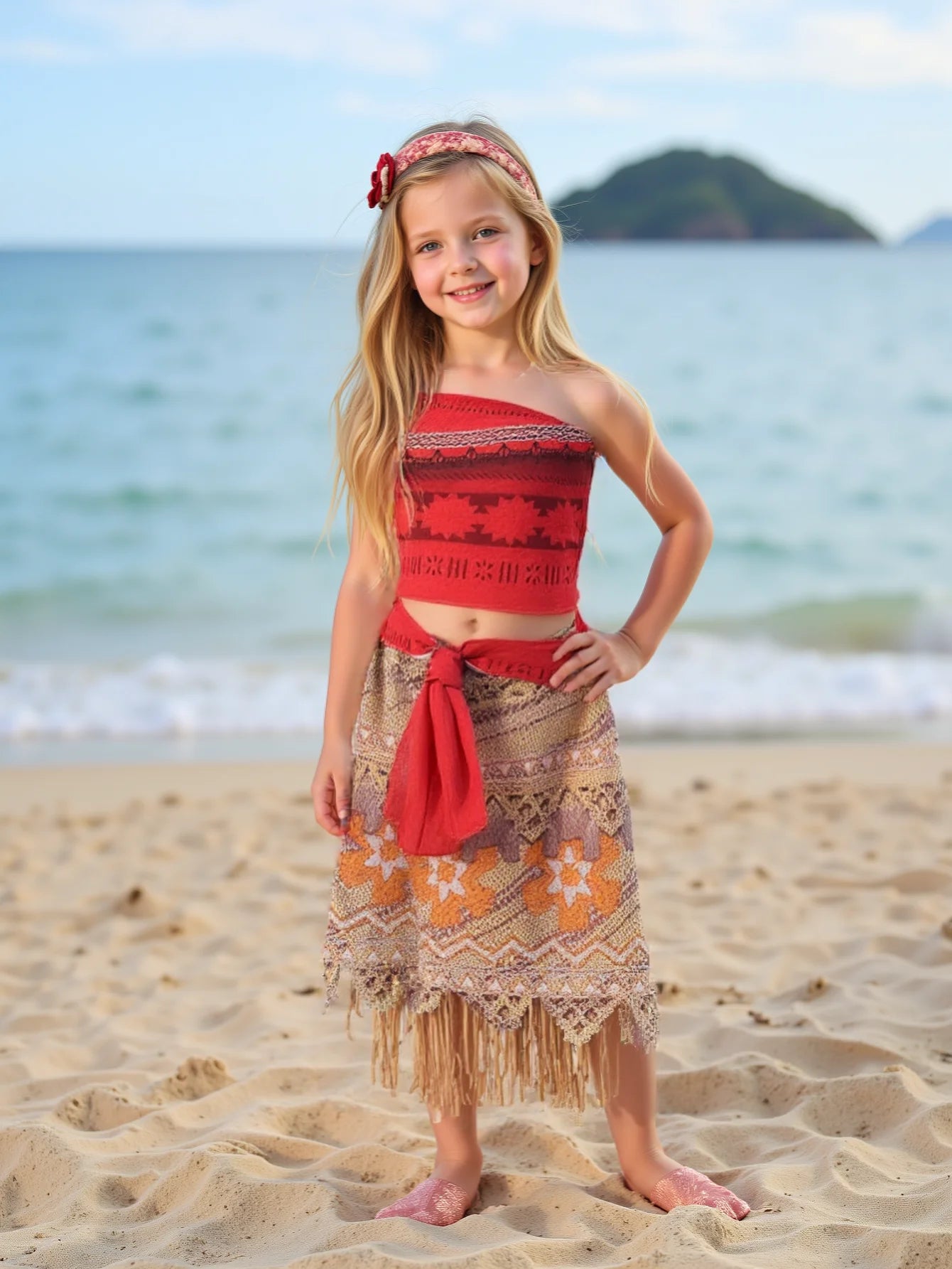 Girls Outfit Moana Cosplay Children's Costume Party Princess Dress Summer Casual Beach Dress Necklace Wig Set Party Dresses