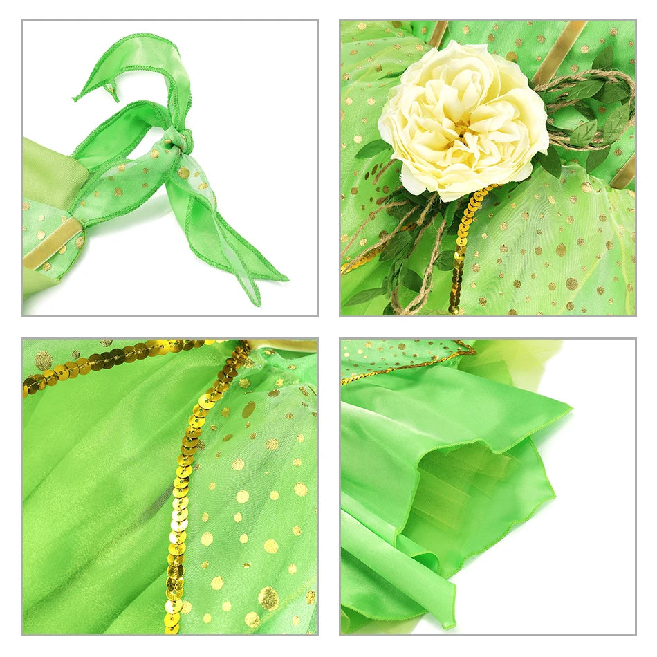 Girls Jasmine Elf Dress Kids Cosplay Fancy Flowers Christmas Birthday Costume Carnival Disguise Princess Party Clothes 2-10T