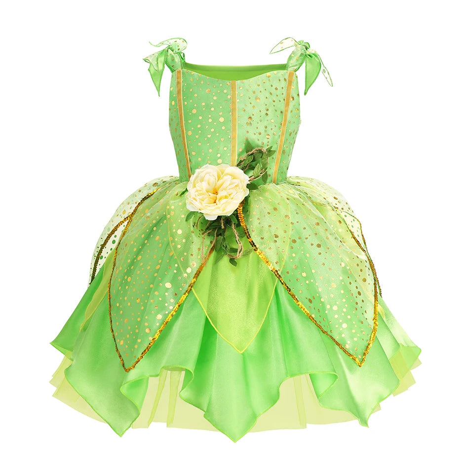 Girls Jasmine Elf Dress Kids Cosplay Fancy Flowers Christmas Birthday Costume Carnival Disguise Princess Party Clothes 2-10T
