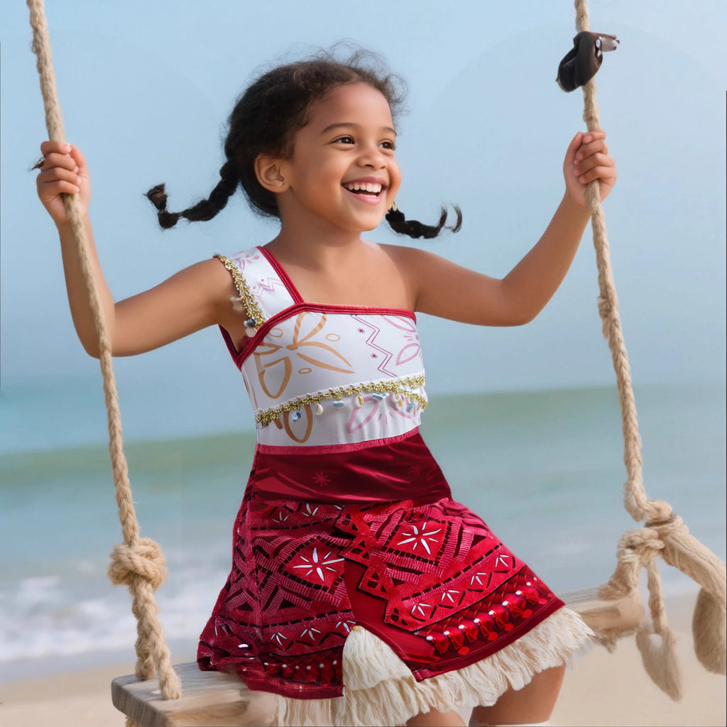 Girls Outfit Moana Cosplay Children's Costume Party Princess Dress Summer Casual Beach Dress Necklace Wig Set Party Dresses
