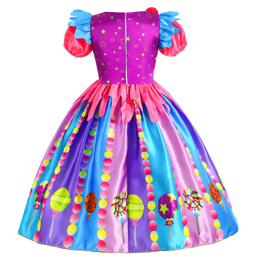 Girls Purim Festival Lollipop Costume Children's Puff Sleeve Candy Costume Kids Sweet Lollipop Print Birthday Party Dresses