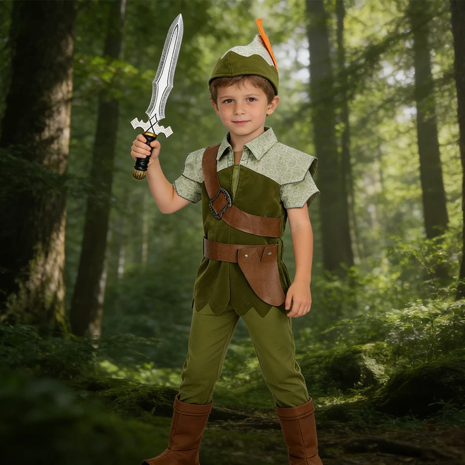 Peter Pan Prince Green Forest Elf Boys Outfit Halloween Cosplay Party Adventure Children Costume Fairy Tale Themed Kids Clothes