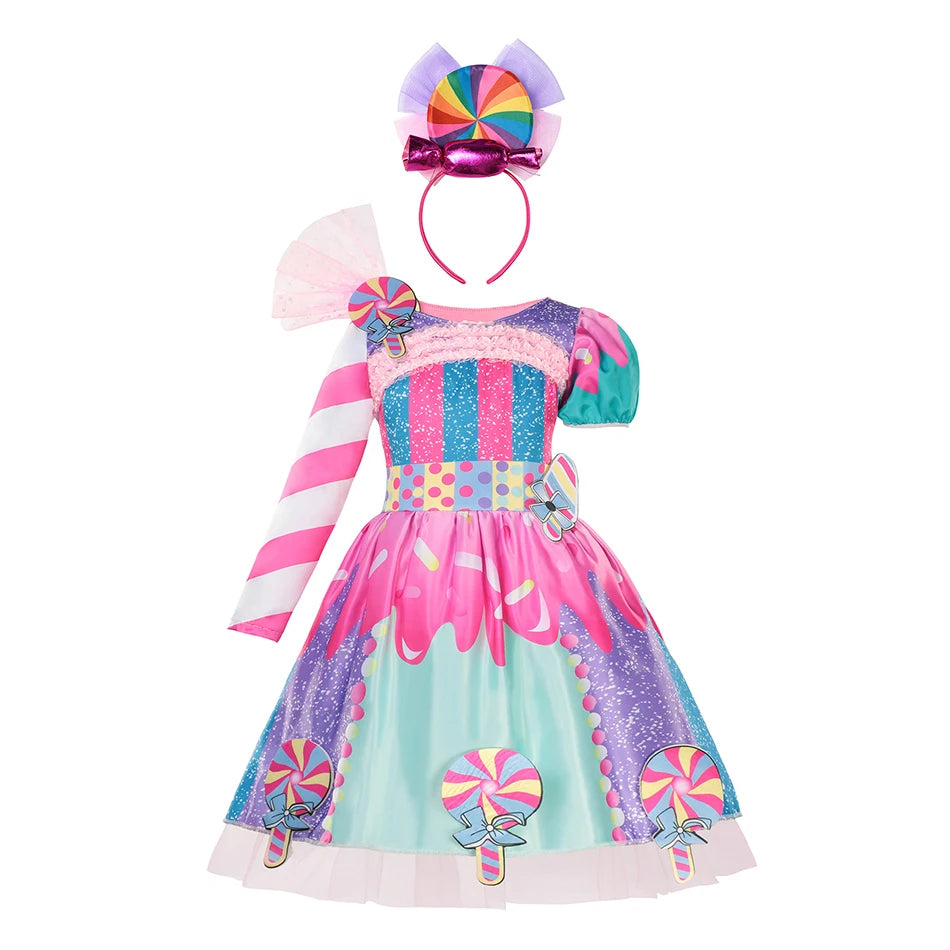 Girls Purim Festival Lollipop Costume Children's Puff Sleeve Candy Costume Kids Sweet Lollipop Print Birthday Party Dresses