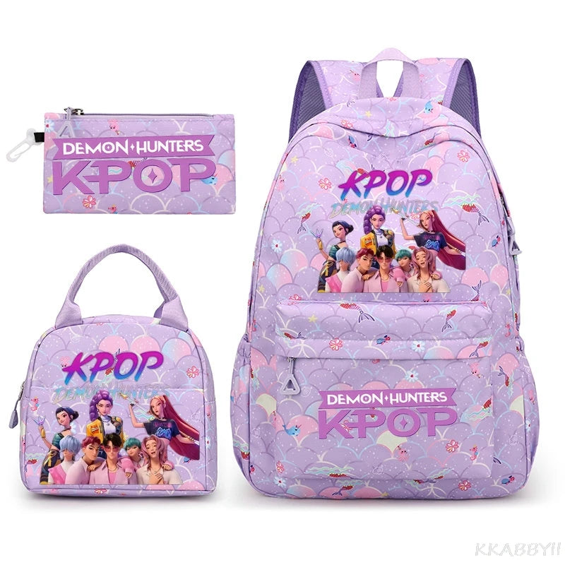Fashion KPop Demon Hunters Backpacks 3pcs Rumi Mira Zoey HUNTR/ Boys School Bags For Women Girls Kawaii Capacity Mochilas