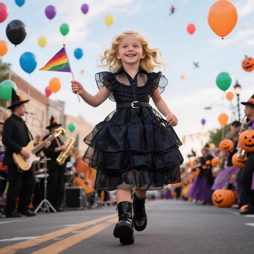 2025 Girls Dark And Sweet Cool Style Dresses Children Cosplay Halloween Carnival Costumes Kids Dancing Party Disguise Outfit