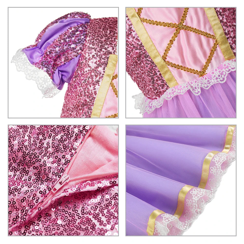 Girl Princess Purple Sequined Lace Skirt Kids Halloween Cosplay Tangled Costume Birthday Party Costume Mesh Bow Clothing 2025