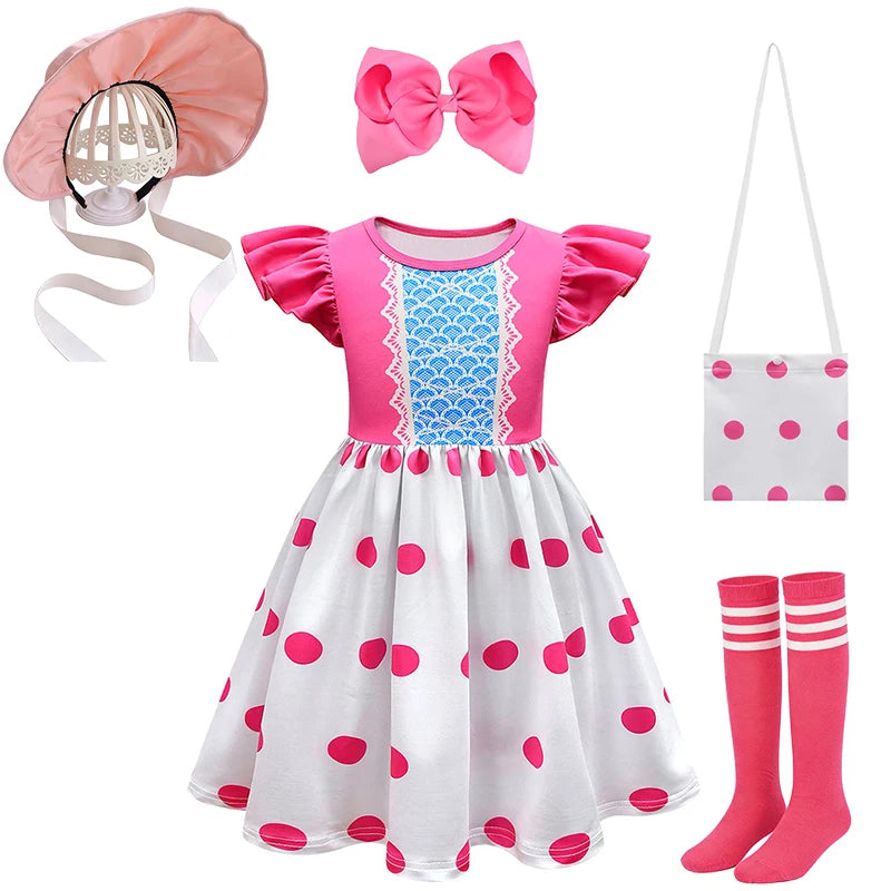 Fancy Little Girl Bo Peep Costume Pink Polka Dot Dress Halloween Cosplay Birthday Party Children's Costume Carnival Kids Clothes