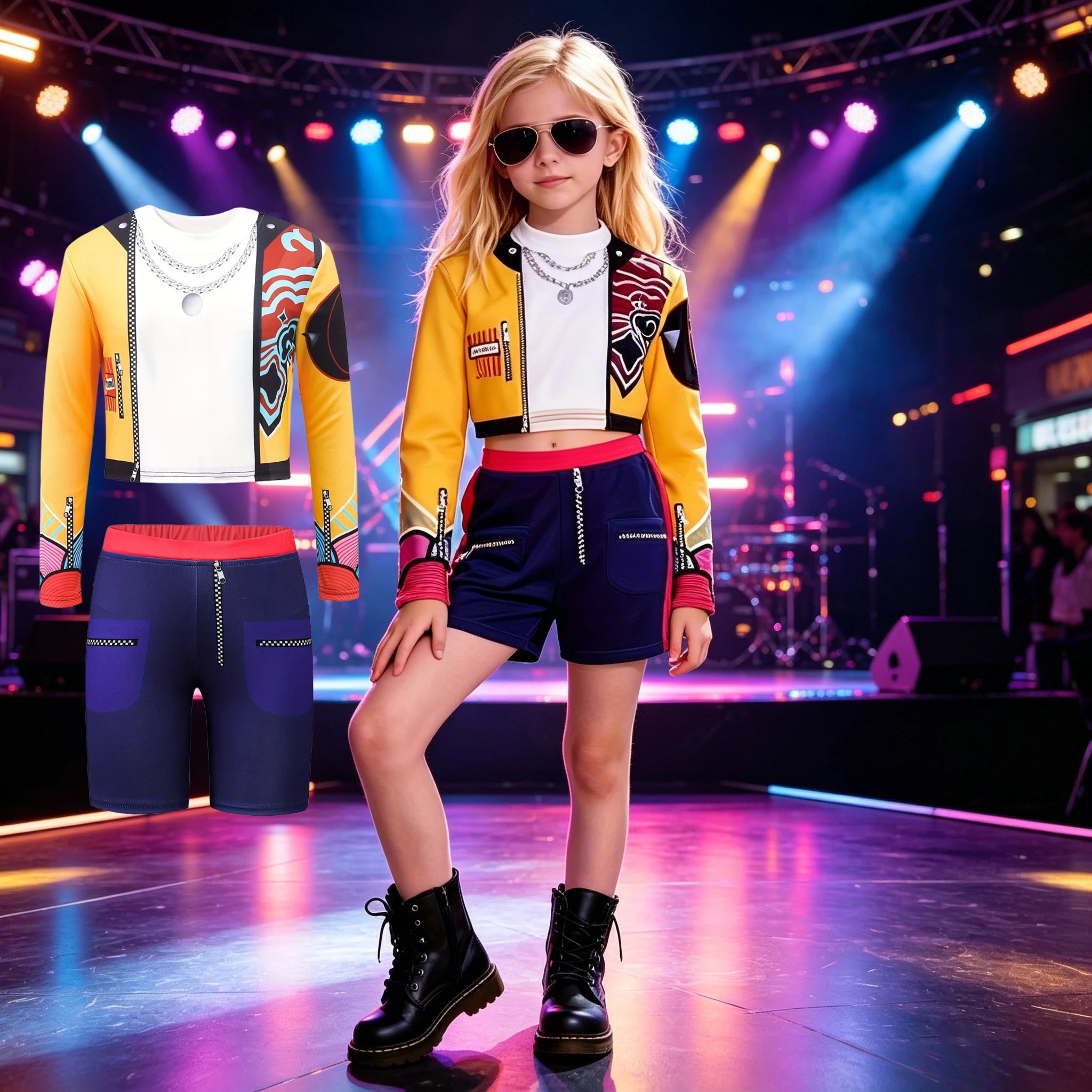 2026 Kids Girl Kpop Stage Performance Costume Hip Hop Outfit Cropped Jacket+Shorts 2PCS/Sets Streetwear Idol Concert Dance Party