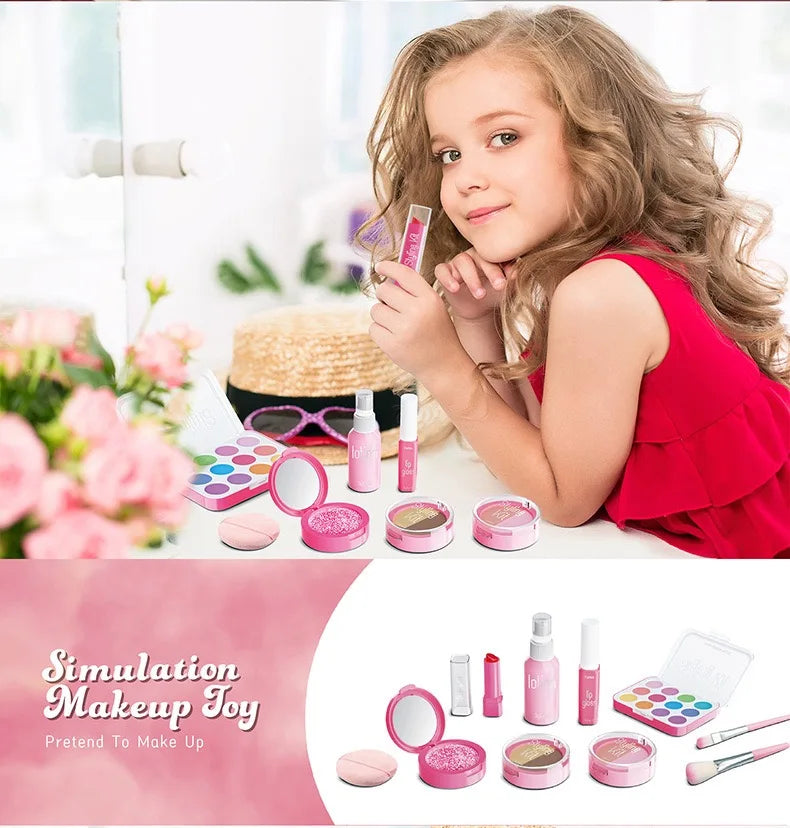Girl’s pretend home make-up set: faux manicure, lip color, eye shadow, non-washable princess-themed cosmetics and toys.