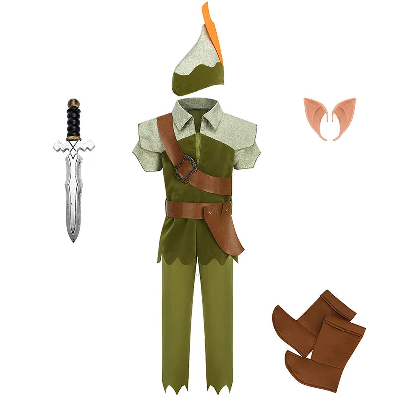 Peter Pan Prince Green Forest Elf Boys Outfit Halloween Cosplay Party Adventure Children Costume Fairy Tale Themed Kids Clothes