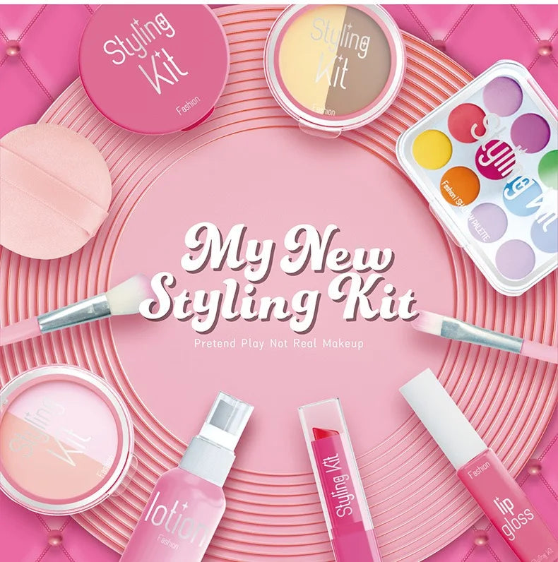 Girl’s pretend home make-up set: faux manicure, lip color, eye shadow, non-washable princess-themed cosmetics and toys.