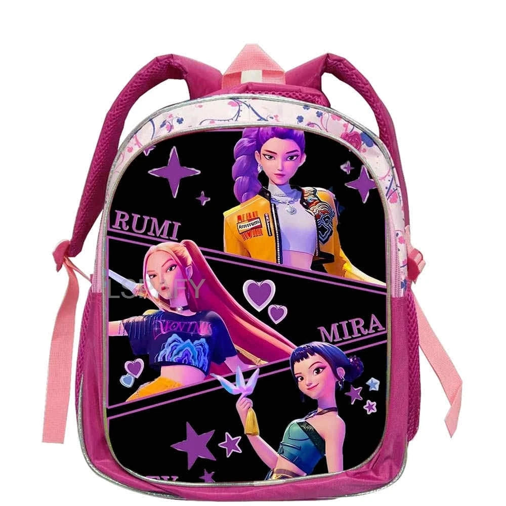 KPop Demon Hunters School Bags Rumi Mira Zoey 12inch Boys Girls Backpack Soft Pink Mochilas Cartoon School Bags
