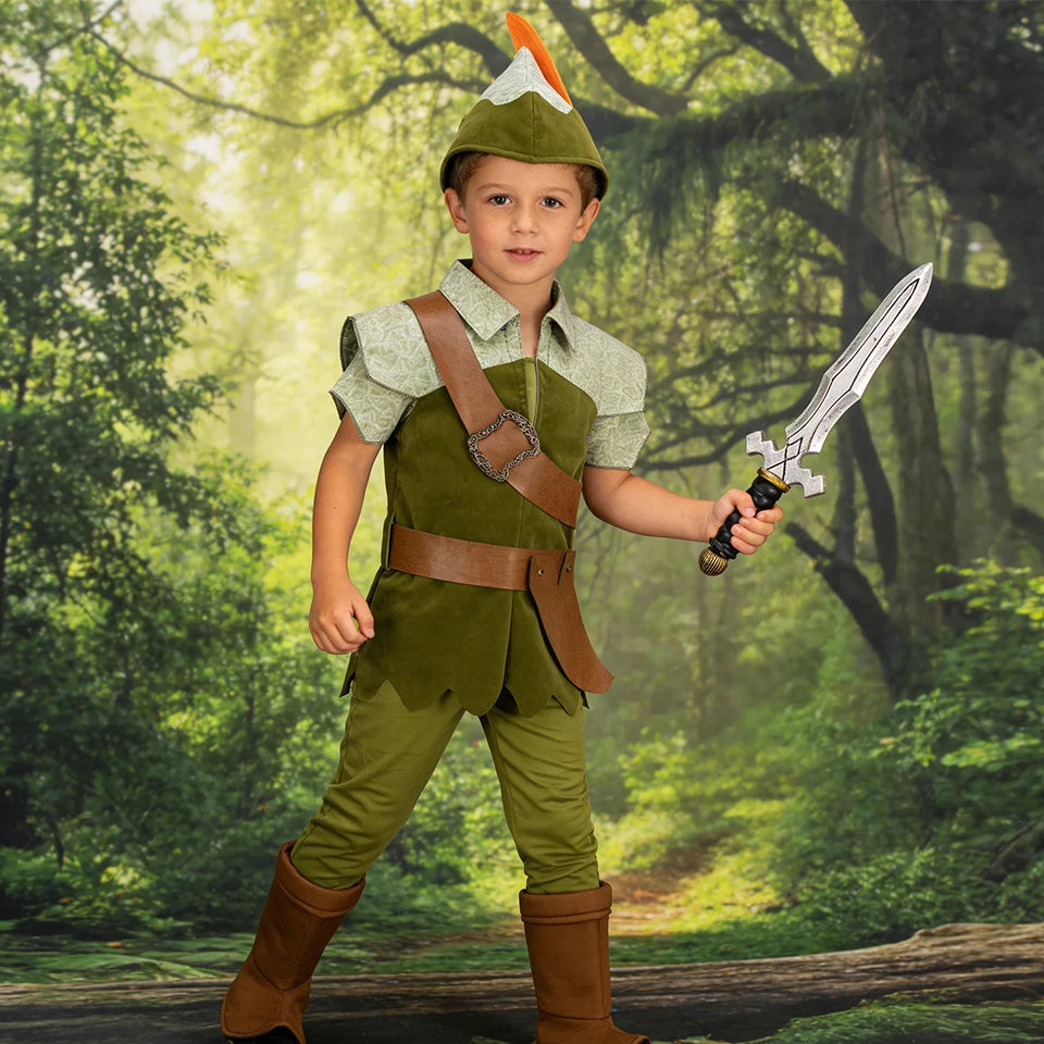 Peter Pan Prince Green Forest Elf Boys Outfit Halloween Cosplay Party Adventure Children Costume Fairy Tale Themed Kids Clothes