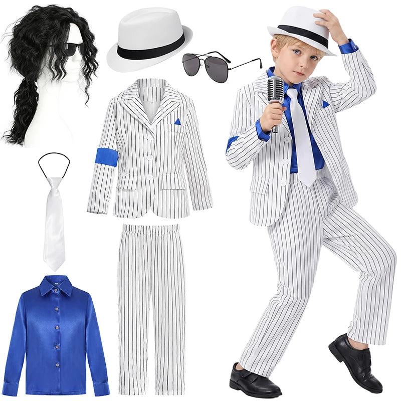 Pop Music Star Jackson Boys Clothes Halloween Cosplay Stage Performance Children's Costume Carnival Kids Retro 80s Stripe Suit