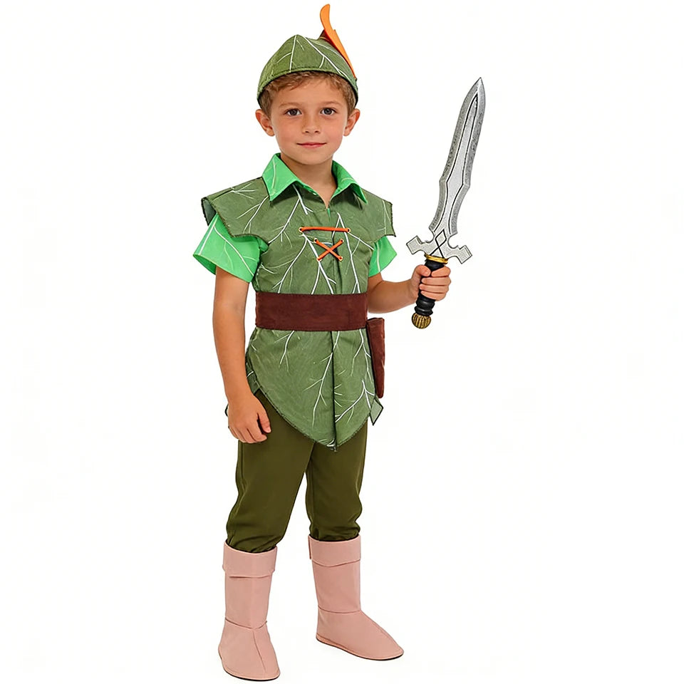 Peter Pan Prince Green Forest Elf Boys Outfit Halloween Cosplay Party Adventure Children Costume Fairy Tale Themed Kids Clothes