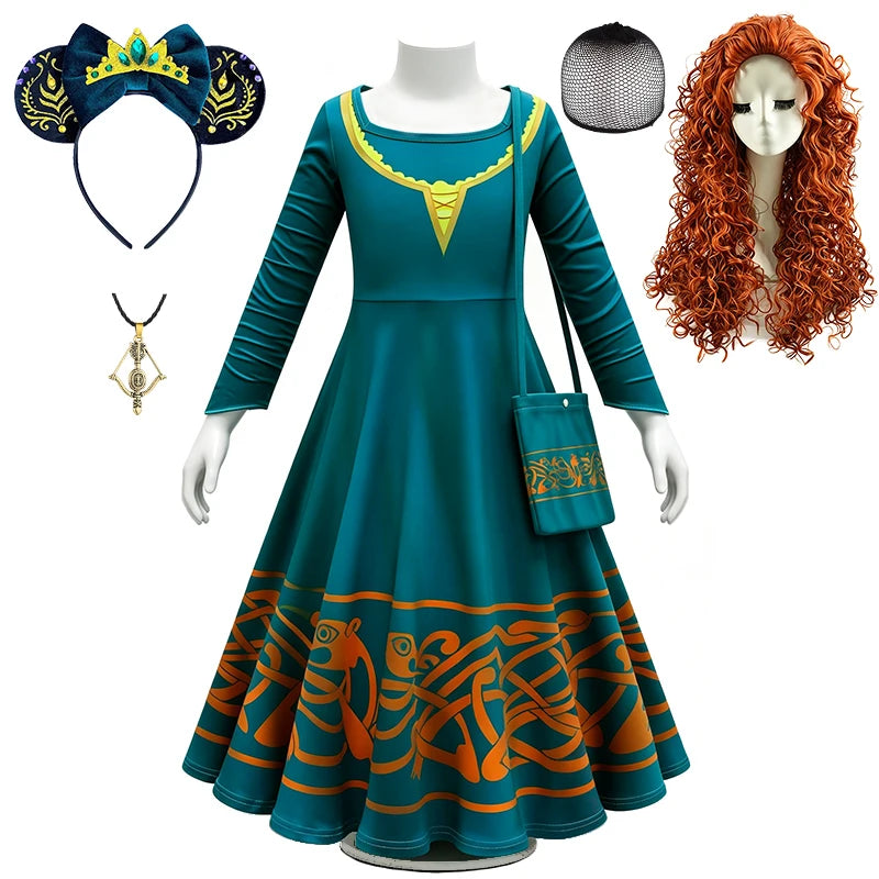 Brave Princess Merida Girls Outfit Halloween Cosplay Performance Themed Event Children Costume Carnival Party Fairy Kids Clothes