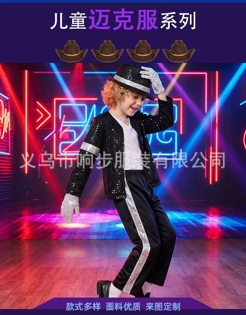 Kids Cosplay Dance Star Costume Set Metallic Shiny 80s 90s Stage Party Outfit Boy Girl Clothing Children Michael Jackson Costume