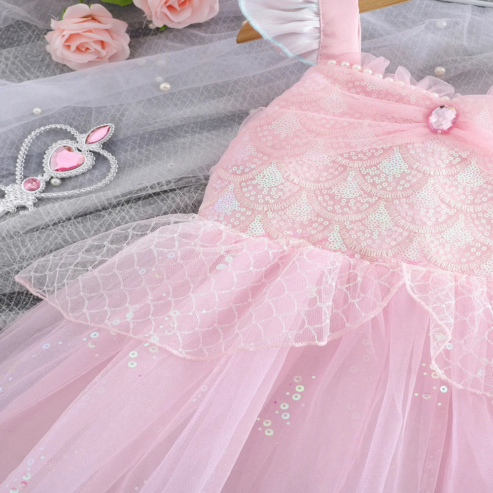 Sequin Performance Costume Girl Princess Dresses Sling Mesh Skirt Birthday Girl Dress Mermaid Themed Party Girl Clothes