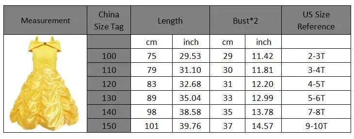 Belle Costume for Girls Cosplay Yellow Princess Dress Beauty and The Beast Costumes Girls Birthday Party Children Clothes Gown