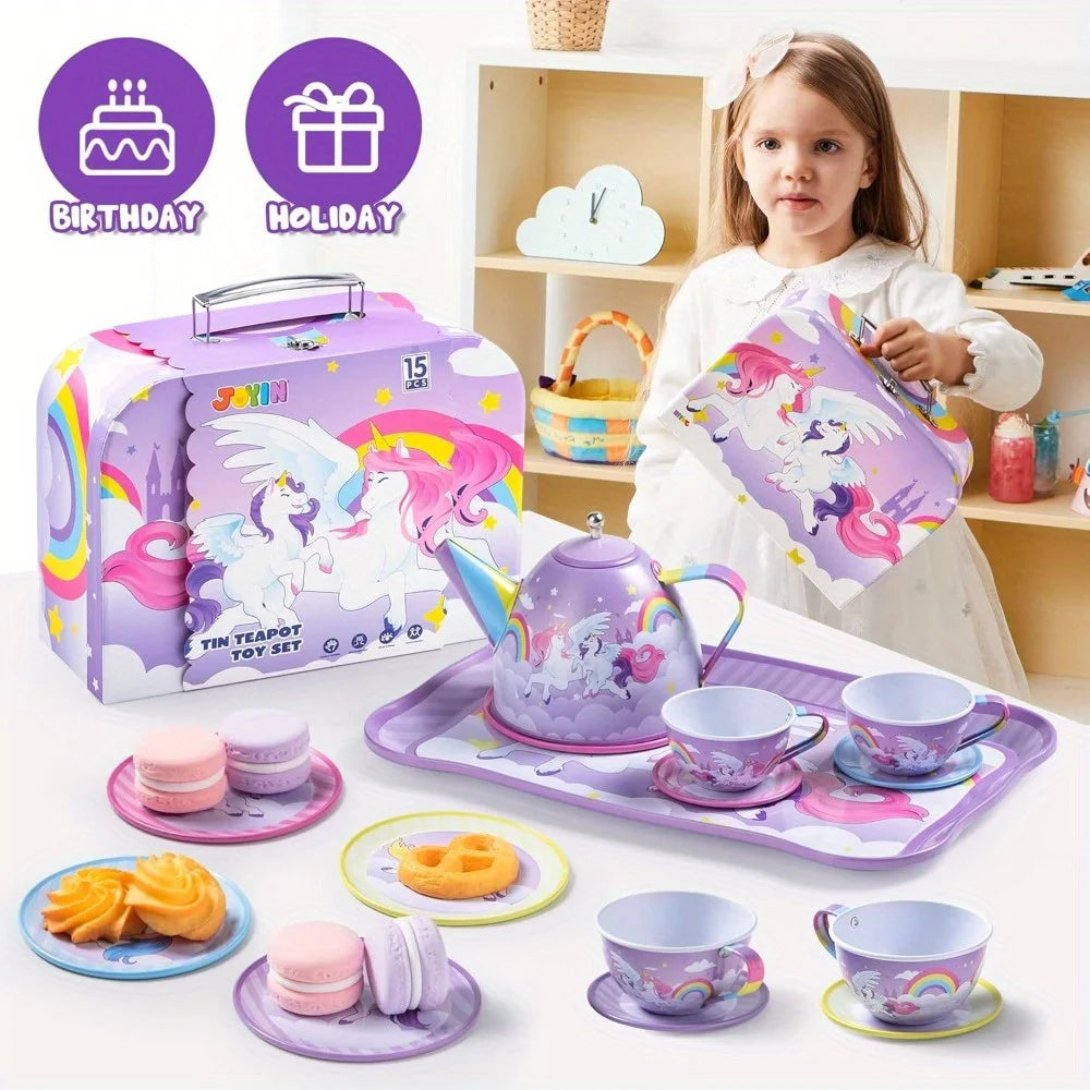 JOYFY Unicorn Tea Party Set Pretend Purple Tin Teapot Set Princess Tea Time Play Kitchen Toy for Girls Birthday Chirstmas Gift