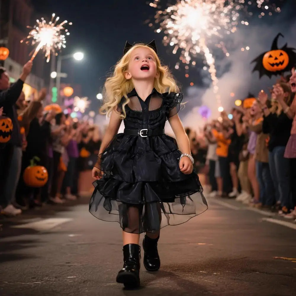 2025 Girls Dark And Sweet Cool Style Dresses Children Cosplay Halloween Carnival Costumes Kids Dancing Party Disguise Outfit