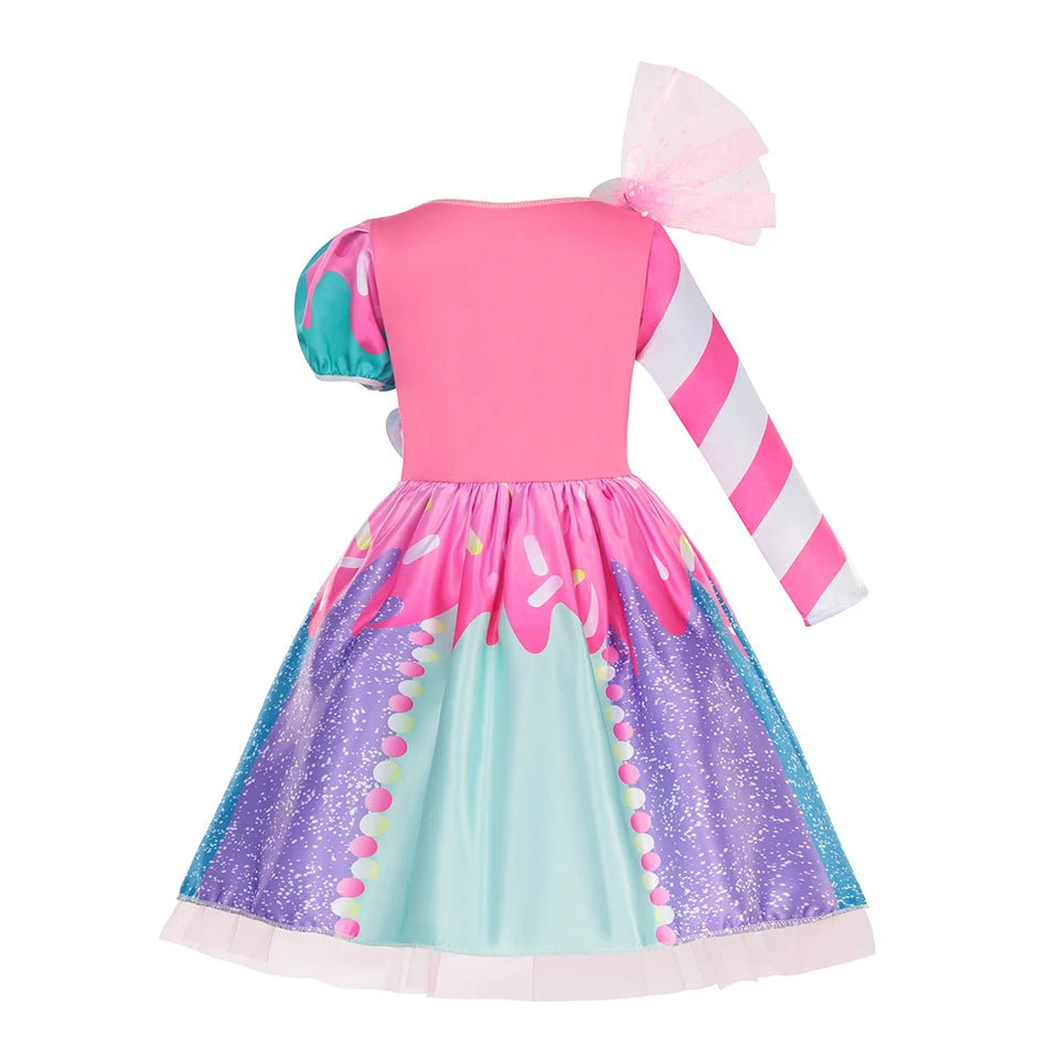 Girls Purim Festival Lollipop Costume Children's Puff Sleeve Candy Costume Kids Sweet Lollipop Print Birthday Party Dresses