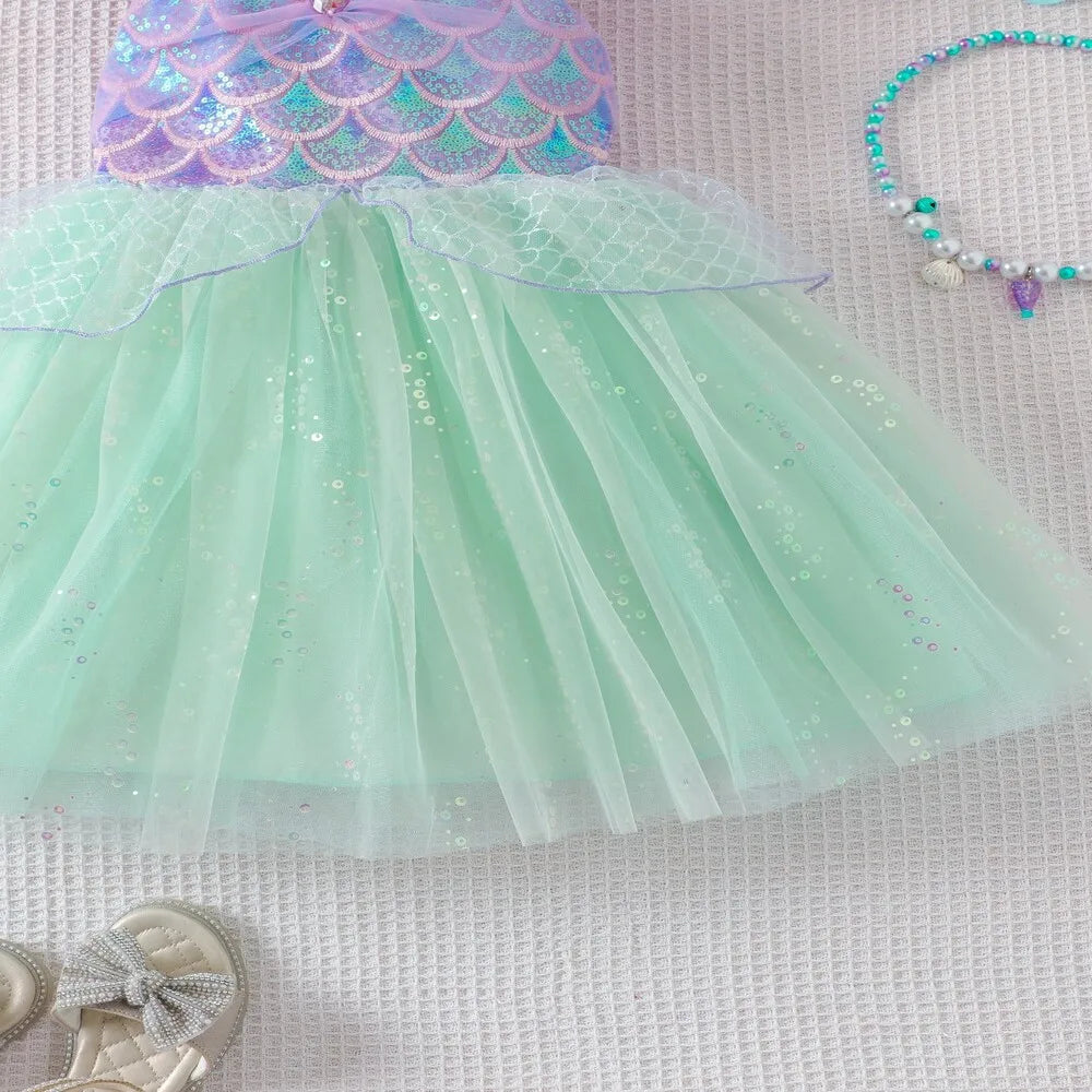 Sequin Performance Costume Girl Princess Dresses Sling Mesh Skirt Birthday Girl Dress Mermaid Themed Party Girl Clothes