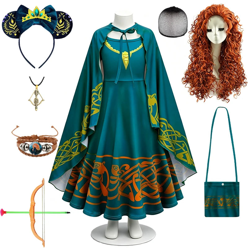 Brave Princess Merida Girls Outfit Halloween Cosplay Performance Themed Event Children Costume Carnival Party Fairy Kids Clothes