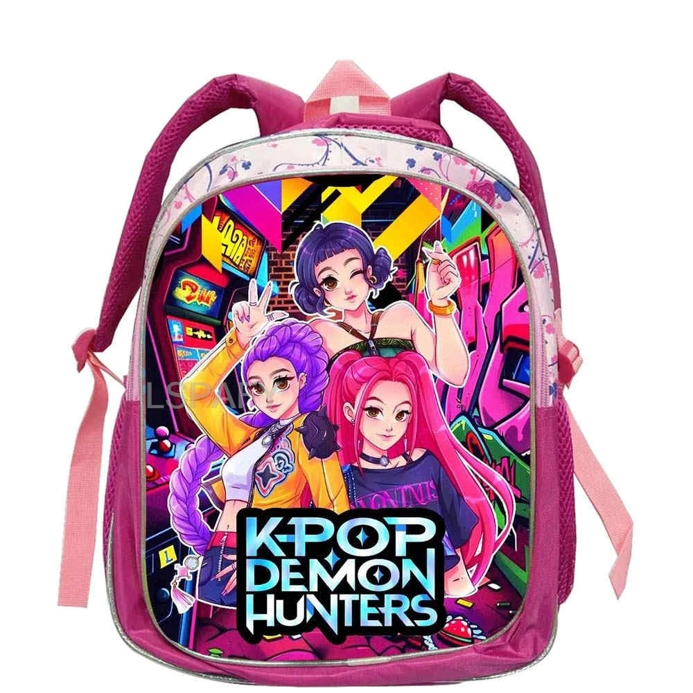 KPop Demon Hunters School Bags Rumi Mira Zoey 12inch Boys Girls Backpack Soft Pink Mochilas Cartoon School Bags
